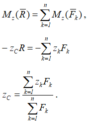 Координата z центра параллельных сил