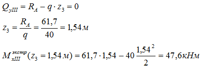 Determination of the extremum of the moment diagram in the third section of the beam