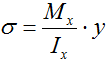 Формула расчета нормальных напряжений в сечениях балки