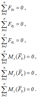 Суммы проекций сил на оси и суммы моментов относительно осей равны нулю