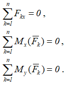 Сумма проекций сил на ось x и две суммы моментов относительно осей равны нулю