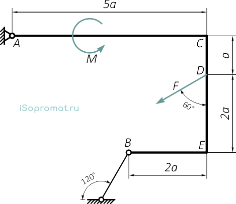 Жесткая рама закреплена шарнирно и нагружена моментом и силой, расположенной под углом