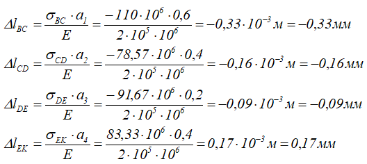 Расчет продольных деформаций участков ступенчатого стержня